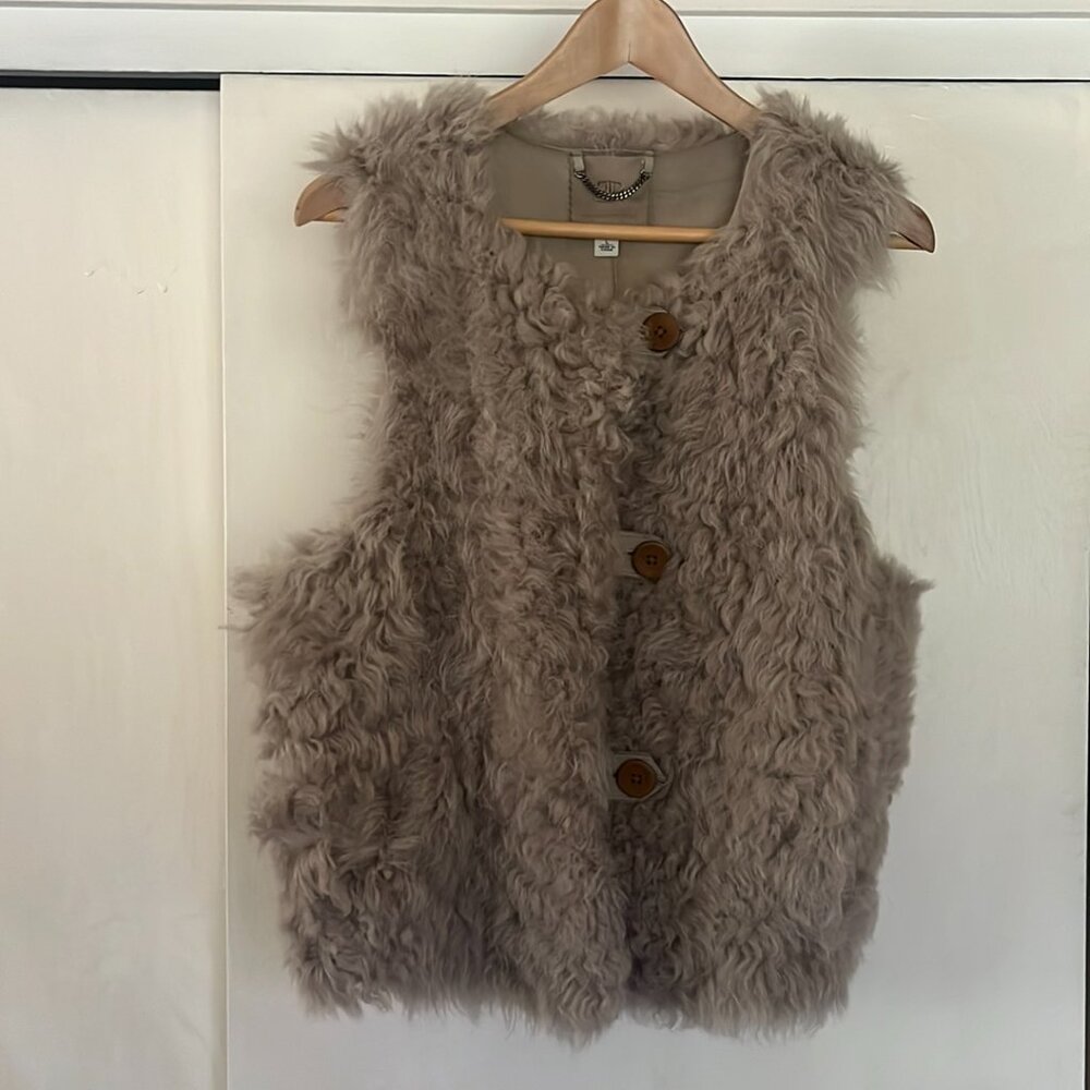 BR Banana Republic Leather Italian Dyed Shearling Fur Tan Vest LG Runway 2010